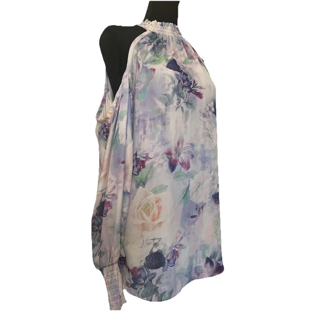 Torrid Lavender Floral Sheer Cold Shoulder Blouse Wm's Size 2 Plus Long Sleeve - Picture 2 of 4